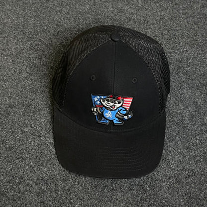 Bandit Raccoon American Flag Patch Trucker Hat.